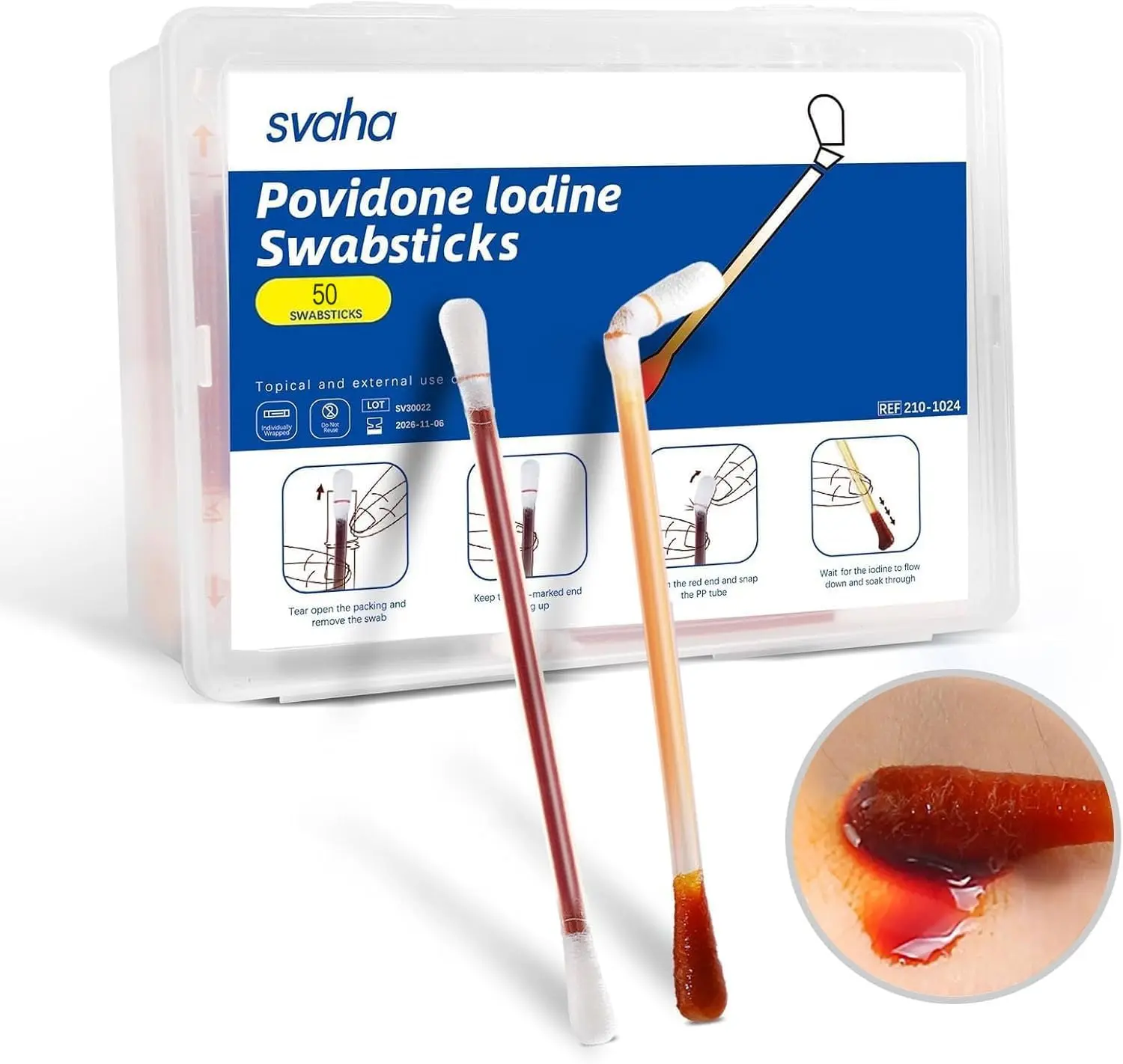 Svaha 50 Sticks Iodophor Swabs with Povidone Iodine - Solution Outdoor First Aid Swabsticks for Skin Cleansing and Preparation