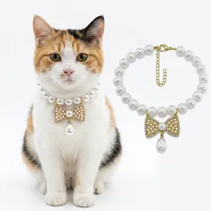 Pearl Rhinestone Bow Pet Collar – Luxury Wedding Cat Dog Necklace with Sparkling Crystal Pendant – Adjustable No Bell Lightweight for Small Medium Puppy Kitten – Bling Jewelry for Birthday Party Photoshoot – One Size 20cm – Best Gift for Cat Lover