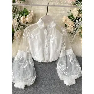 Women's Plain Lace Patchwork Button Front Shirt, Casual Fashion Top, Elegant Ladies Blouse, Perfect for Daily Wear