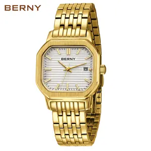 BERNY Men's Gold Stainless Steel Watch - Vintage-Style Square Quartz Wristwatch, 30M Water Resistant, Super Luminous, Elegant Gift for Him, Perfect for All Occasions, Reloj de Hombre, Easter Gift