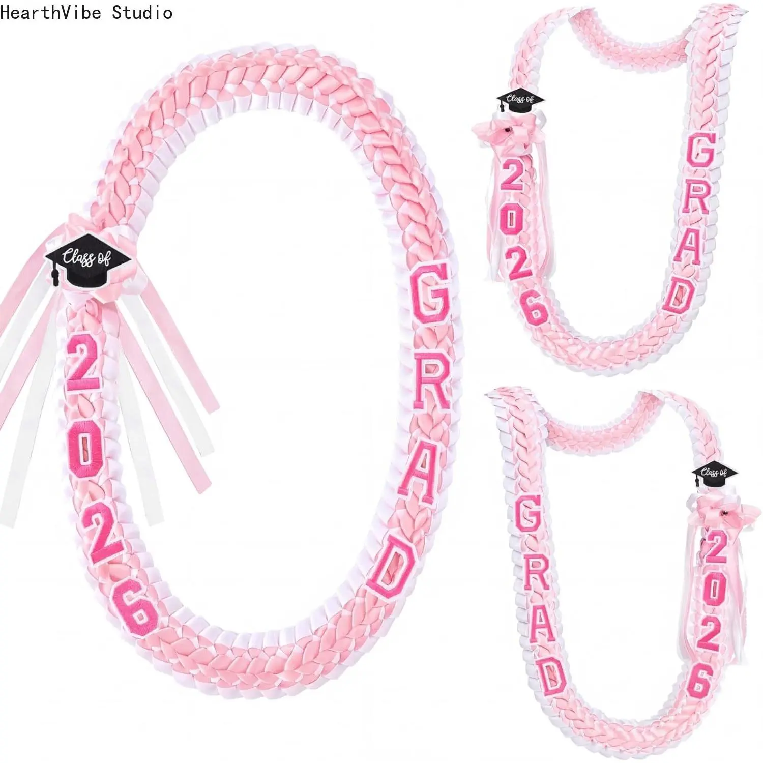 2026 Graduation Leis 1 Pcs Grad Ribbon Double Braided Necklace with Graduation Cap 2026 GRAD Patches Handmade Leis Accessories Gifts for Graduates Senior College Students Daughter Son Friends for Graduation