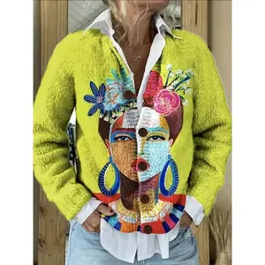 Vibrant 3D Face Print Cardigan – Chic Button-Up Knit Sweater with Floral & Geometric Print Patterns, Lightweight Polyester, Crew Neck, Long Sleeves – Perfect for Casual Wear in Spring and Autumn, 2025 Autumn and Winter Fashion Clothing