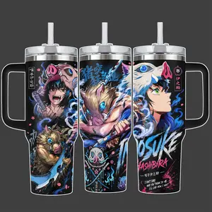 Inosuke Hashibira Demon Slayer Anime Tumbler Cup, Beast Breathing Blue Pink Full Wrap Stainless Steel Insulated Tumbler 20oz/40oz With Straw Lid Included, 40oz Handle Option