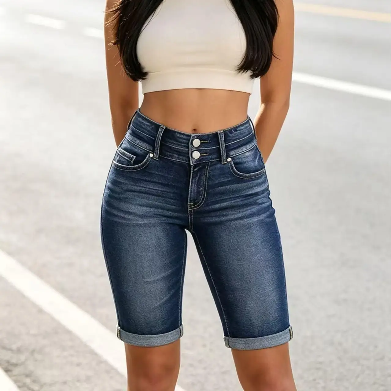 Women's High-Waist Double-Button Cuffed Dark Blue Washed Stretch Knee-Length Denim Bermuda Shorts, Casual Streetwear Womenswear Bottoms