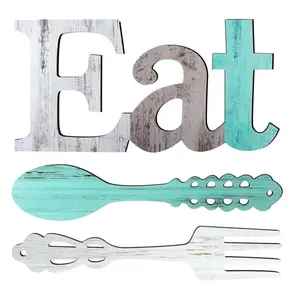 3Pcs Eat Sign, Fork and Spoon Wall Decor, Rustic Wood Decoration, Cute Eat Letters for Kitchen and Home, Decorative Hanging Wooden Letters, Country Wall Art for Room(Delicate Colors) - Home Improvement.