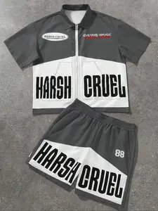 Two-Piece Set Men's Letter Print Short Sleeve Zip Up Shirt & Shorts, Regular Fit Casual Shortsleeve Shorts Set for Summer, Men's Clothes for Daily Wear, Motocross