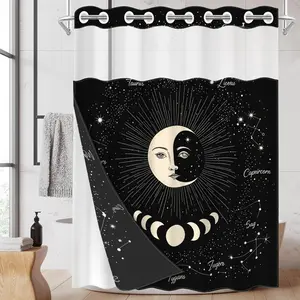 1pc hookless shower curtain with buckle lining, black background with star and moon design, 2D flat printing, waterproof fabric lining, see-through double-layer shower curtain, 71 x 74 inches, modern home draping curtain.