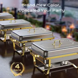 Christmas Chafing Dishes for Buffet 4 Pack, 8QT [Elegant Gold and Silver Colors] Stainless Steel Chafing Dish Buffet Set Chafers and Buffet Warmers Sets Stainless Steel Buffet Chafing Dishes Set Elegant Chafing Dishes Set Kitchenware Modern Bakeware