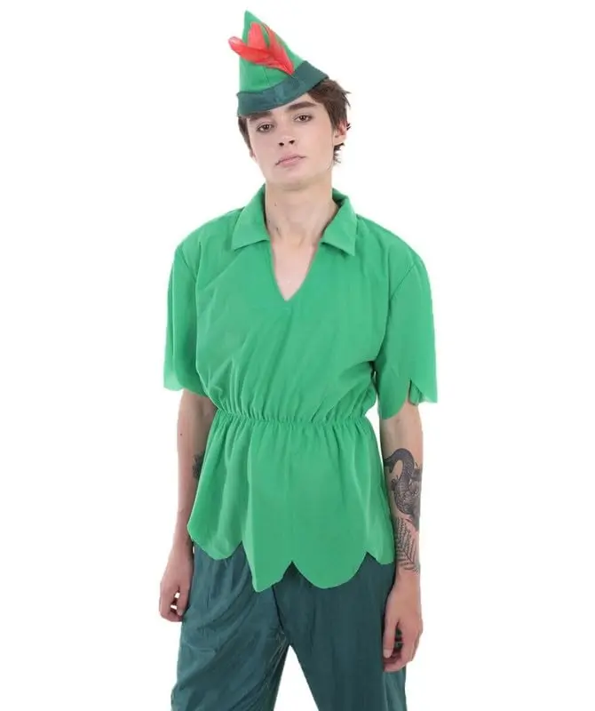 Adult Felt Tunic, Pants, and Hat with Feather Green Men Peter Costume, Flame-retardant Synthetic Fabric, Multiple Size