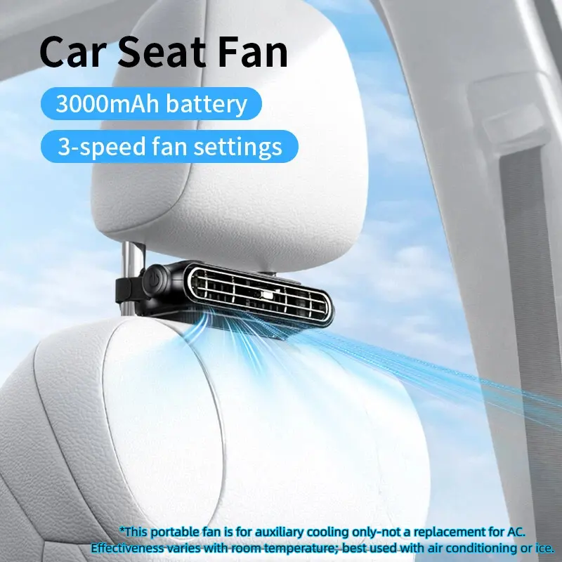 Velcro Strap Portable Seat Fan for Cars - 3 Adjustable Speeds, Built-In 3000mAh Battery, USB Charging, Suitable for Golf Carts, Travel RVs, Portable Fan