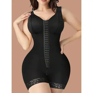Women's Contrast Lace Hook & Eye Front Shapewear Romper, High Stretch Tummy Control Butt Lifting Shaper, Women's Shapewear Bodysuit for Daily Wear