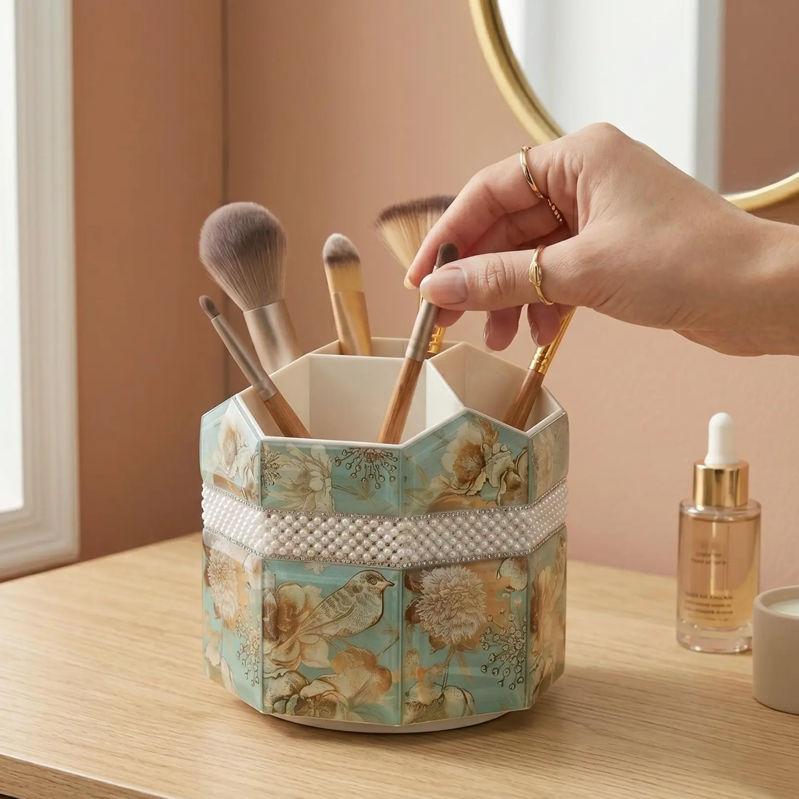 Vintage Floral Rhinestone Pearl-Band Rotatable Round Smooth Glass Makeup Brush Holder, 5-Compartment Beauty Home Organizer Box for Vanity Storage, Boxes