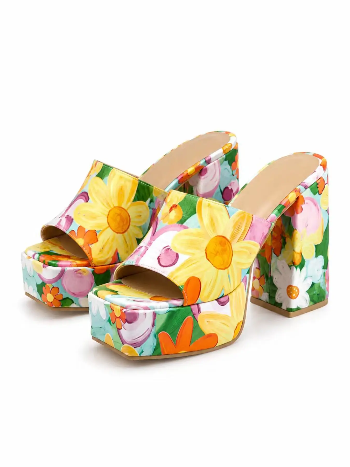 Chunky Heel Mules for Women Fashionable Footwear - Summer Bold Floral Painted Platform - Weekend Date Night