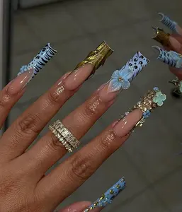 3D Baby Blue Press On Nails Rhinestone and Flower Nail Art Trendy Y2K Handmade Glam Press Ons Luxury Y2K Nails