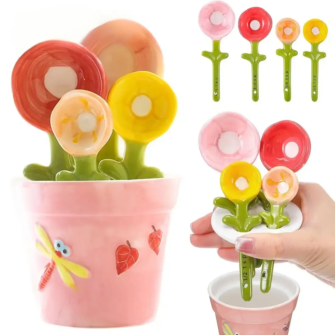 4-Pack Cute Ceramic Flower Measuring Spoons Set with Base – Decorative Flower Pot Design, Capacity Marked Baking & Cooking Spoons for Milk Powder, Sugar, Salt, Home Kitchen Utensils