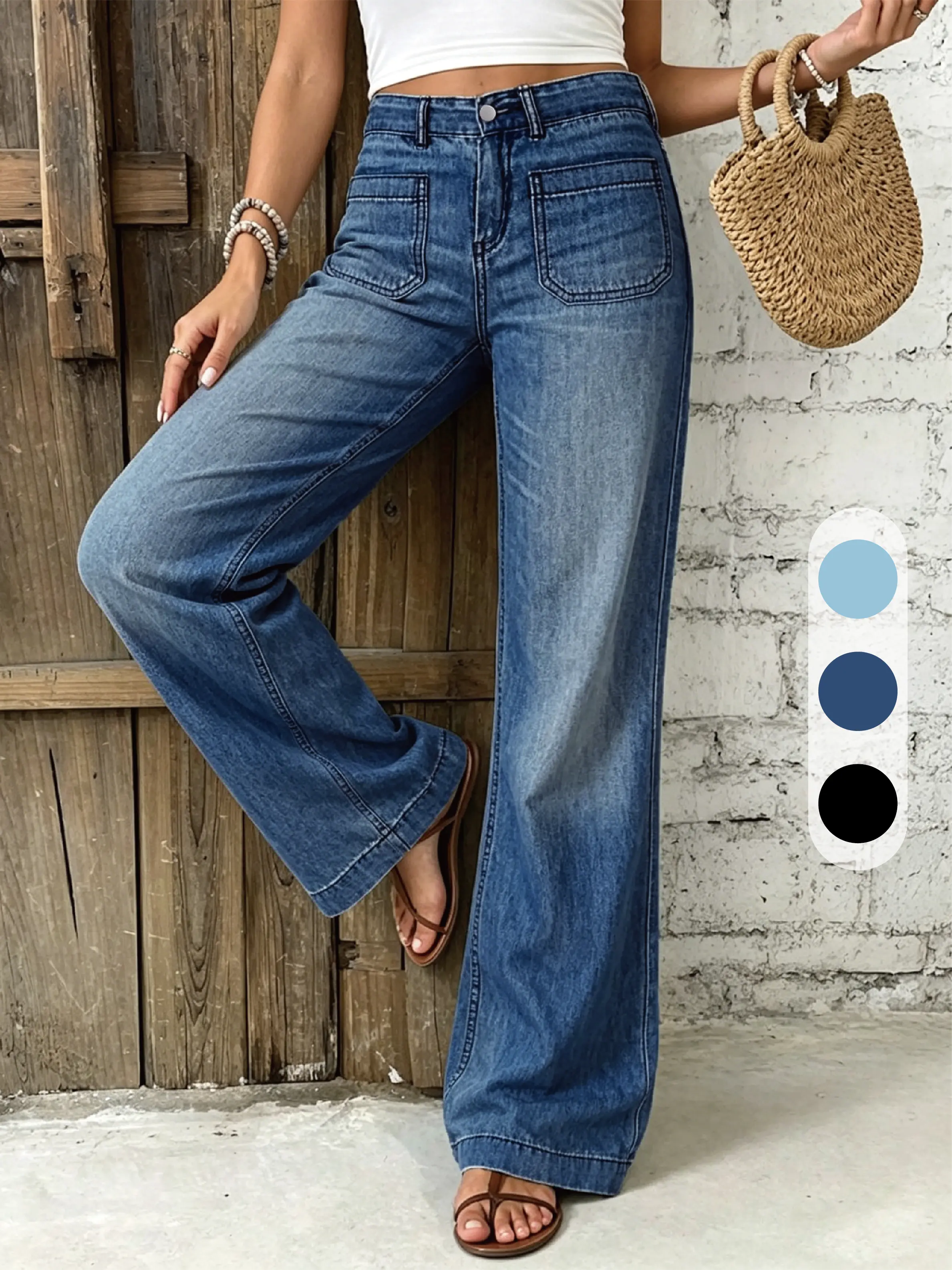 Women's Mid-Rise Baggy Wide-Leg Denim Jeans - Medium Blue Wash, Relaxed Fit, Front Patch Pocket, Button Closure, Drapey Floor-Length Women's Bottoms with Early 2000s Aesthetic, Comfortable, Relaxed Jeans, Baggy Wide Leg Jeans, Medium Wash Jeans