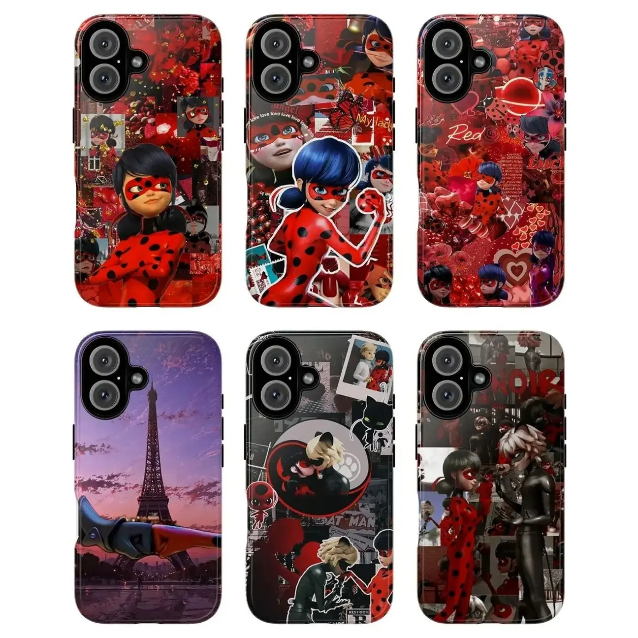 Ladybug & Cat Noir Phone Case, Miraculous Cartoon Collage Red Black Paris Eiffel Tower Characters Ladybug Cat Noir Hearts Love Yo-Yo Weapon Anime Style Playful Artistic Retro Aesthetic Suitable for iPhone 17-11 Pro Max/Plus and  Samsung Galaxy S23-25