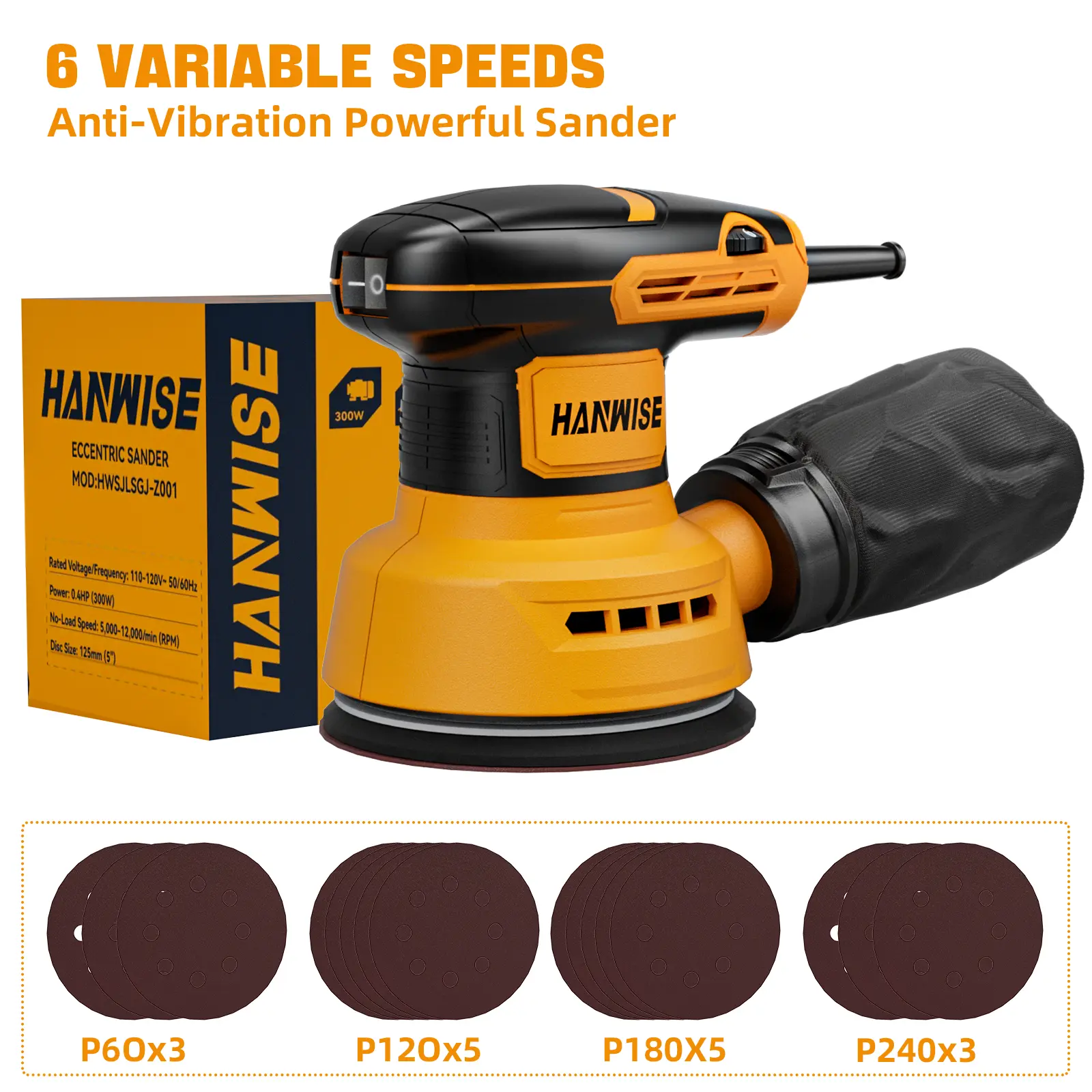 300W 6-Speed Sander, 5000-12000 RPM Electric Sanding Machine With 15Pcs P60-P240 Sanding Discs, 125mm Pad For Woodworking, Paint Removal & Metal Rust Cleaning
