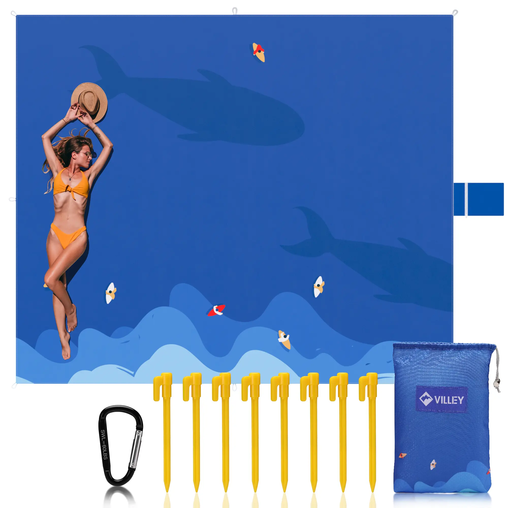 #summersale VILLEY Beach Blanket Waterproof Sandproof, Extra Large Beach Mat 60"x56" / 128"x108" for 1-8 Adults, Beach Blanket with 4/8 Stakes & 4 Corner Pockets, Outdoor Beach Accessories for Travel, Camping