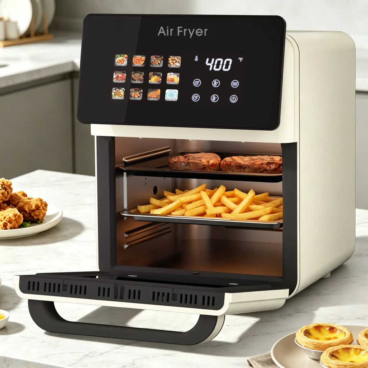 10QT Large Air Fryer Oven For Kitchen Countertop Use, Smart Convection Ovens,AirFryer With Glass View Window,Fryer Liners,Removable Door-White