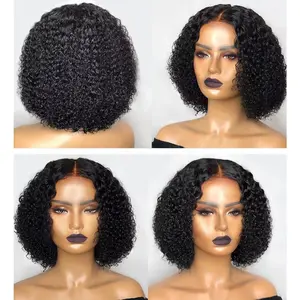 Fashionable short curls, black middle-parted natural curly hair, fully hand-woven half-lace wig