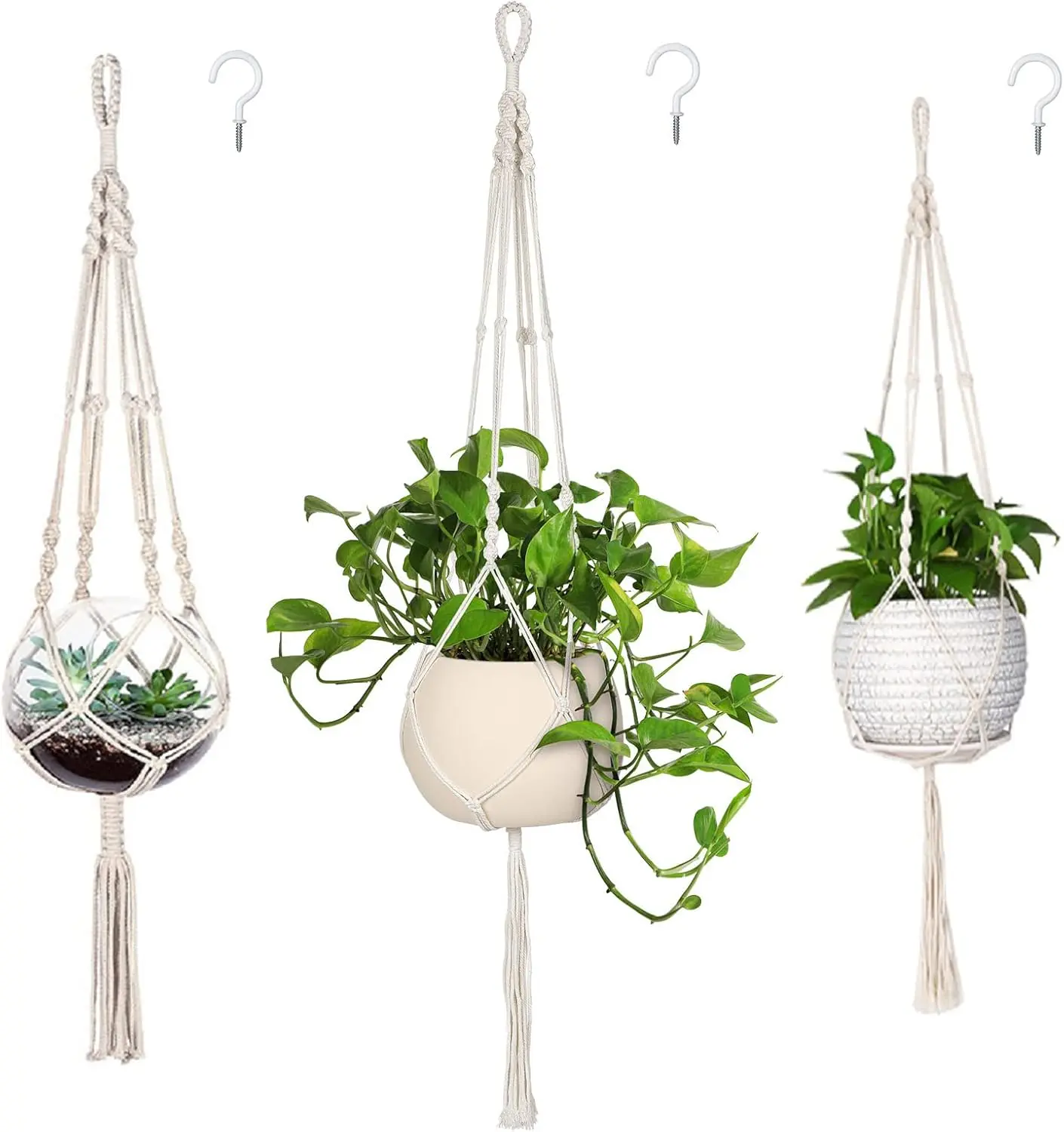 3 Pack Macrame Plant Hanger Indoor Hanging Planter for Plants Holder with 3 Hooks, Different Size for Boho Home Decor,Ivory(POTS NOT Included)