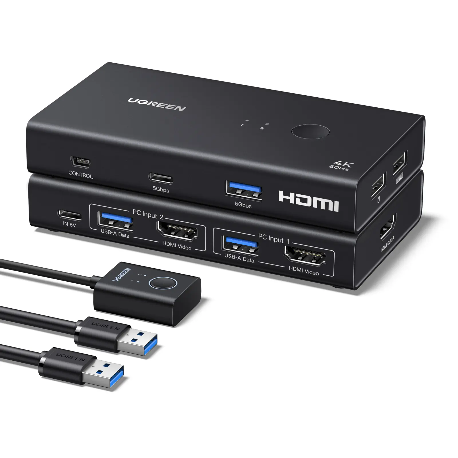 UGREEN HDMI KVM Switch 1 Monitor 2 Computers, 4K@60Hz with 4 USB 3.0 Ports KVM Switches for 2 Computers Share One HDMI Monitor Keyboard Mouse Hard Drives Webcam with 2 USB Cables, Controller DealsForYouDays
