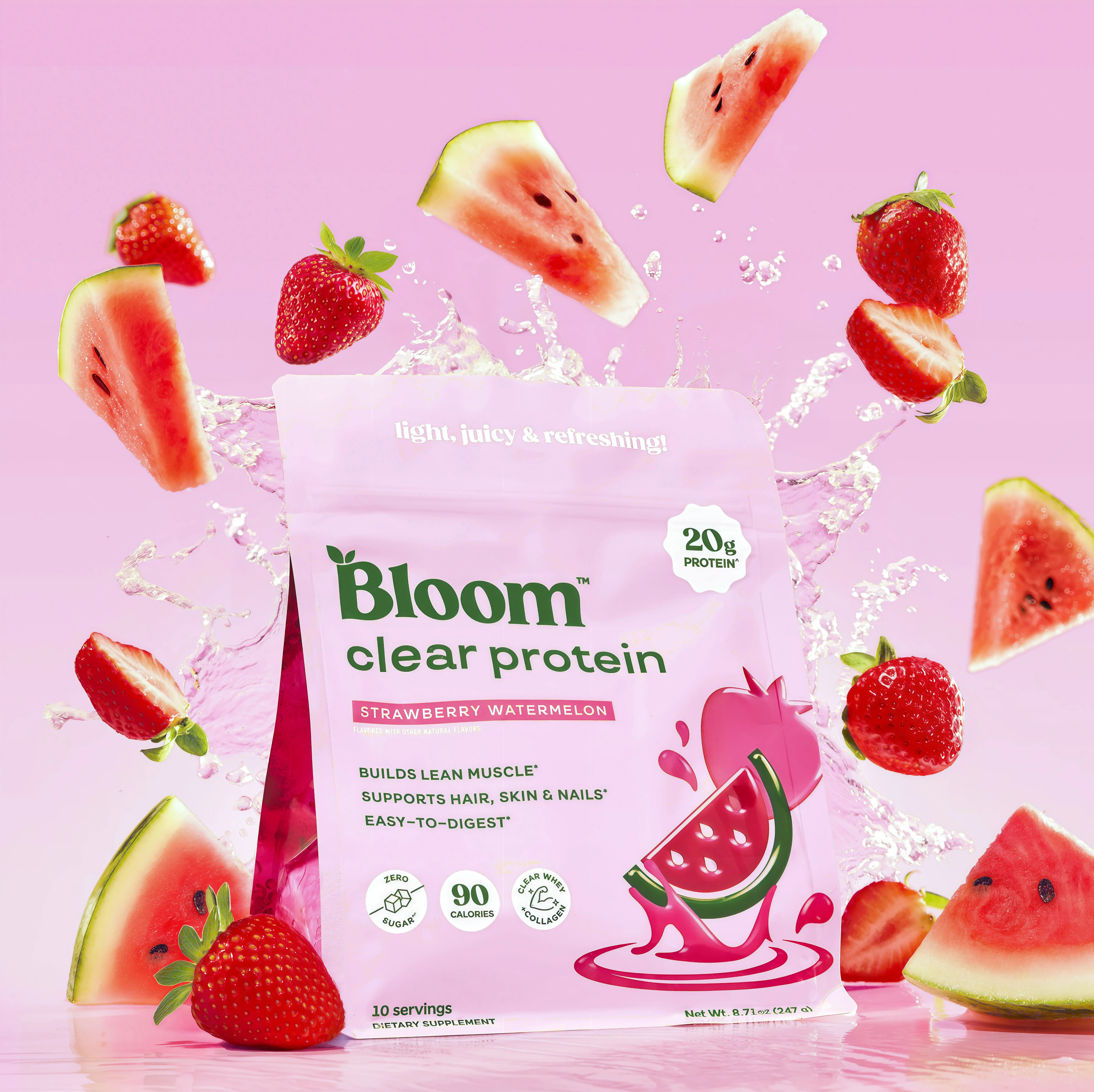 Bloom Nutrition Clear Protein Powder, UI Strawberry Watermelon Flavor, 20g Whey Collagen Protein, Zero Sugar,90 Calories, 10 Servings