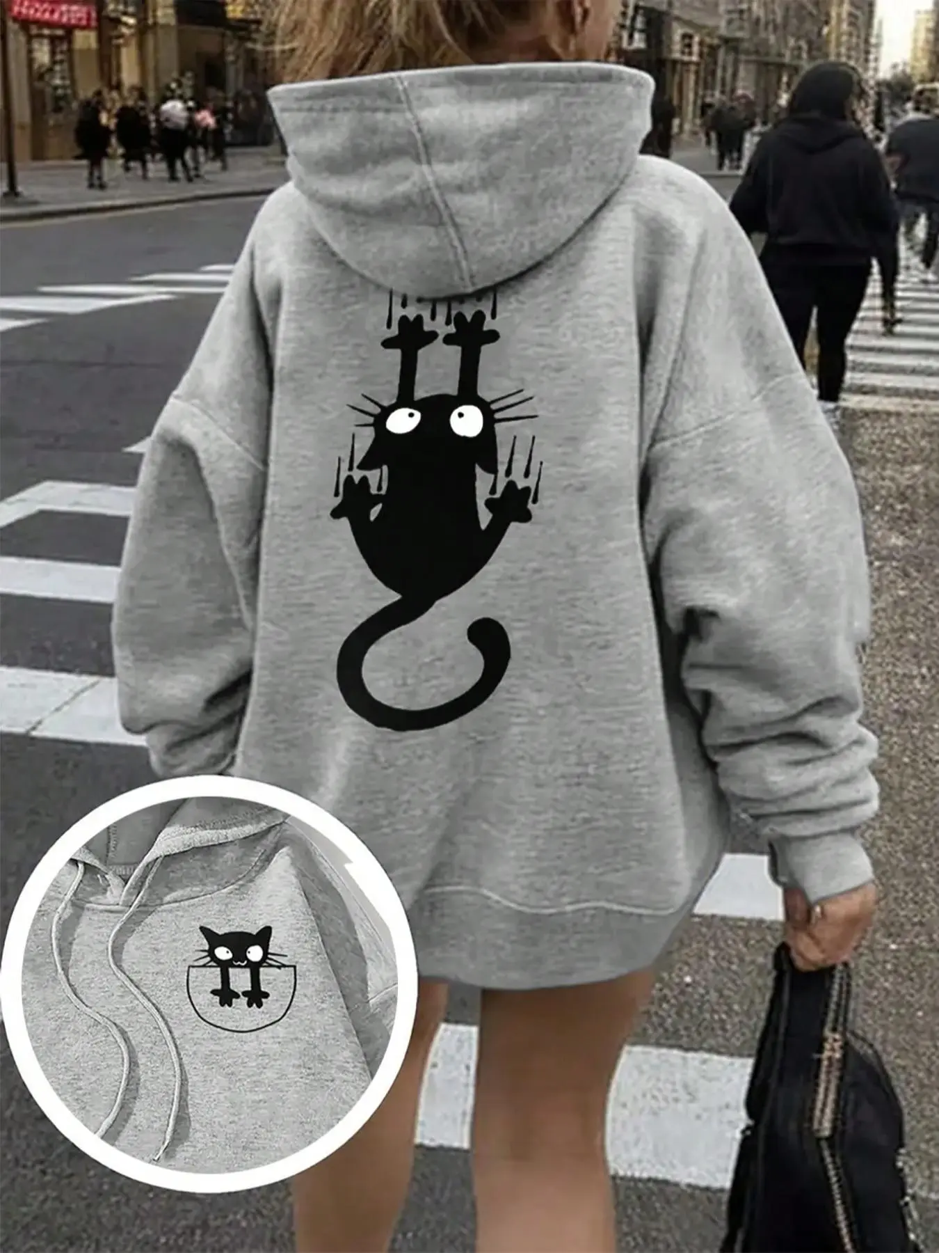 Women's Casual Animal Cat Print Knit Hooded Sweatshirt with Adjustable Drawstring and Pockets, Baggy Loose-fitting Oversized Fall and Winter Fashion Pullover, Stylish Everyday Piece Tops