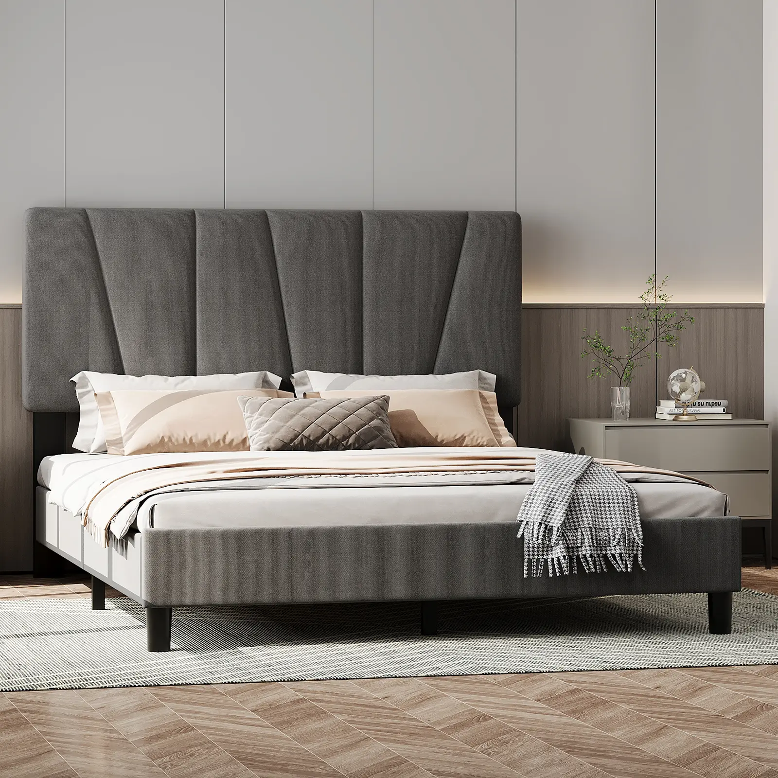 Upholstered platform bed with adjustable headboard and diagonal channel tufting. No box spring needed. Available in King, Queen, Full, or Twin, in cream white velvet or dark grey linen.