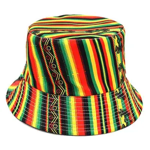 Bohemian Rasta Tribal Jamaican Reggae Hot Trendy Rastafari Reversible Bucket Hat Summer Striped Cotton Silk