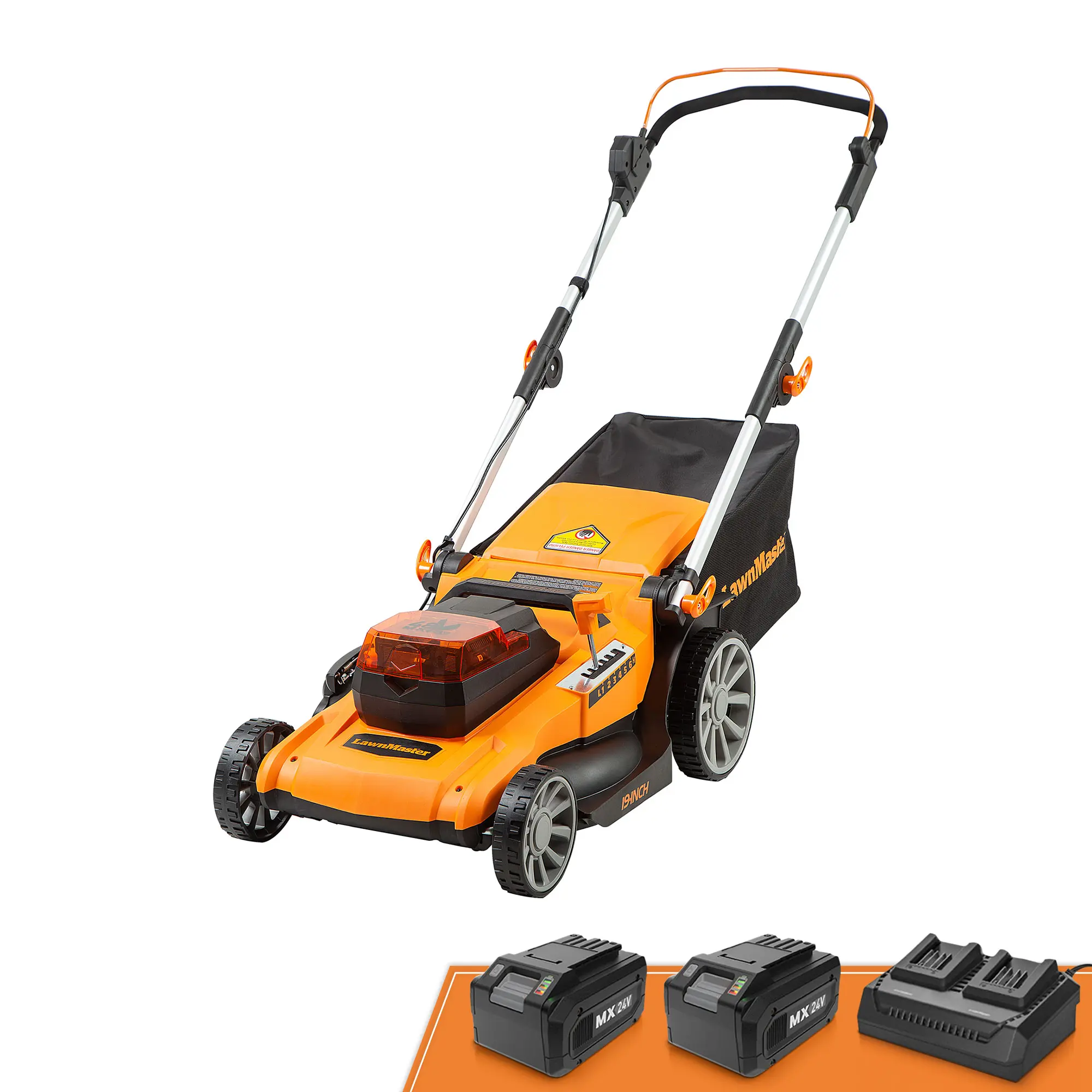 LawnMaster 48V MAX 19-in Brushless Cordless Battery Powered Lawn Mower - Push Handle Model, Adjustable Cutting Height, 2x24V MAX 4.0Ah Batteries, Dual Charger, 19-inch Cutting Width, 3-in-1 Function, 3,400 RPM, Cells