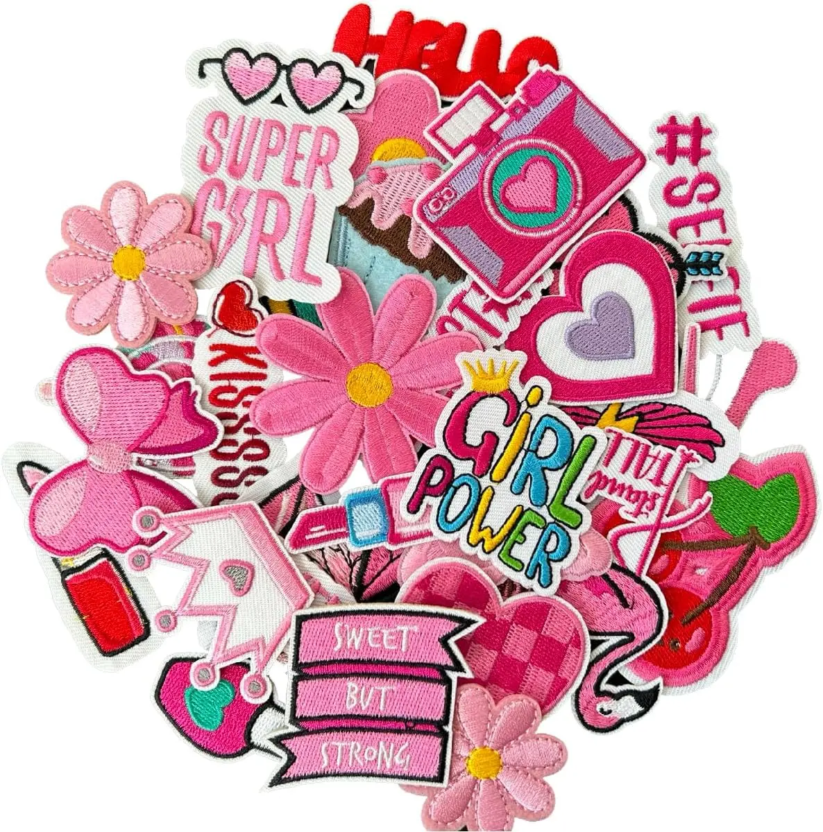 32-Piece High Quality Vintage Pink Cotton Iron-On Embroidery Patches - Hot Melt Adhesive Back, DIY Clothing Repair, Embroidery Craft Supplies, Girl Theme Jacket Decoration
