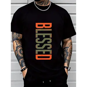 Men's Plus Size BLESSED 2D Printed T-Shirt - Bold Geometric Lettering, Breathable Comfort Fit, Machine Washable Casual Short Sleeve Tee for Casual Attire, Leisure Clothing, Modern Casualwear, Medium Elasticity Fabric, PLUS SIZE