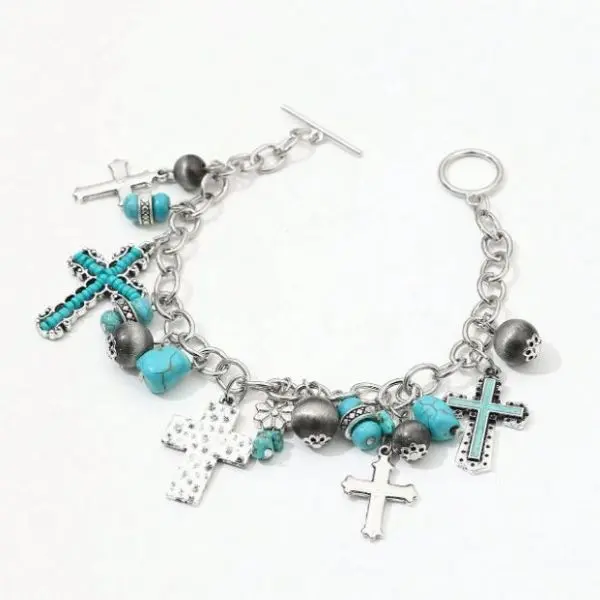 Halloween Fall Gift Turquoise Beaded Charm Bracelet – Crown, Butterfly, Cross & Faux Pearl Accents, Handmade Jewelry for Women & Girls