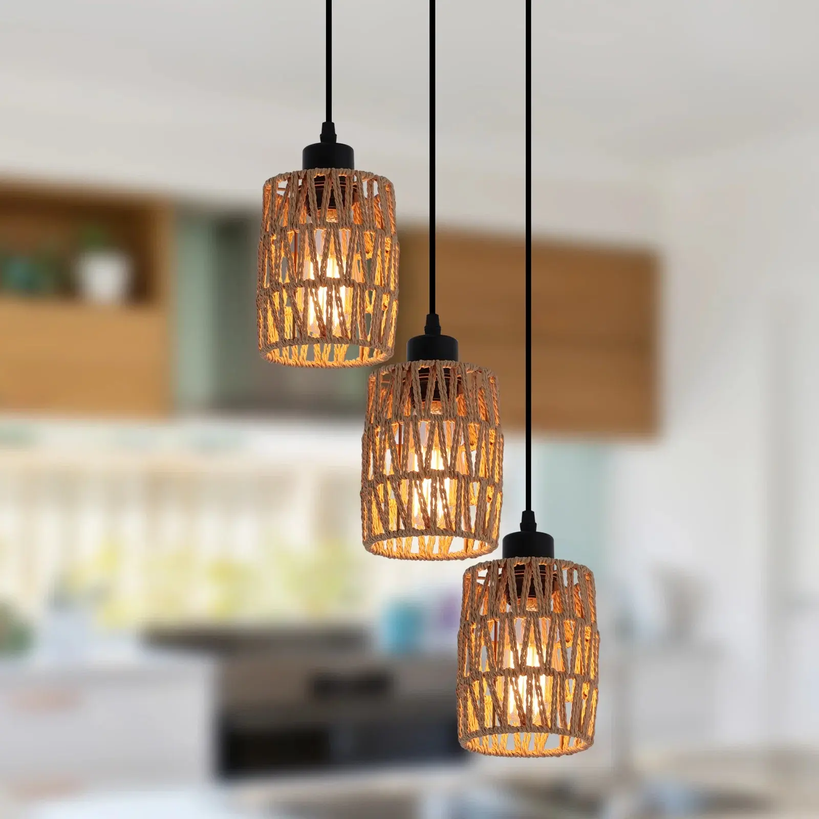 Garwarm  Rattan Pendant Lights, Industrial Brown Hanging Lighting, Adjustable Woven Basket Light, Farmhouse Basket Ceiling Light for Kitchen, Island, Dining Room, Bedroom, Foyer, Hallway, 3 Lights