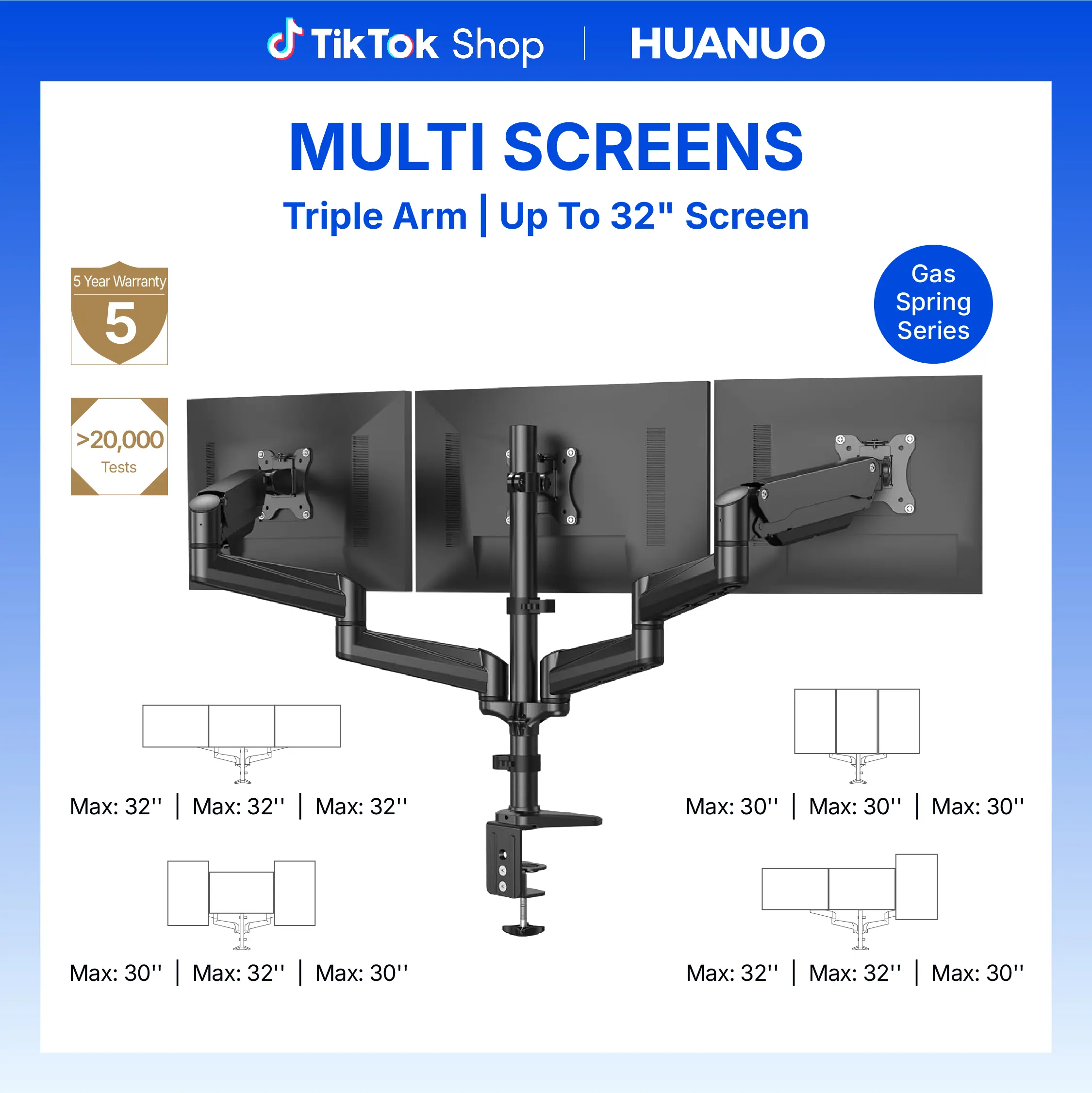 HUANUO Triple Monitor Computer Stand for 17"-32" Adjustable Mount Screens, Gas Spring Home Office Desk Accessory with Swivel, Tilt, Rotation, Clamp & Grommet Mounting Brackets Screens, Dual Monitor Setup Compatible#TikTokShopBlackFriday