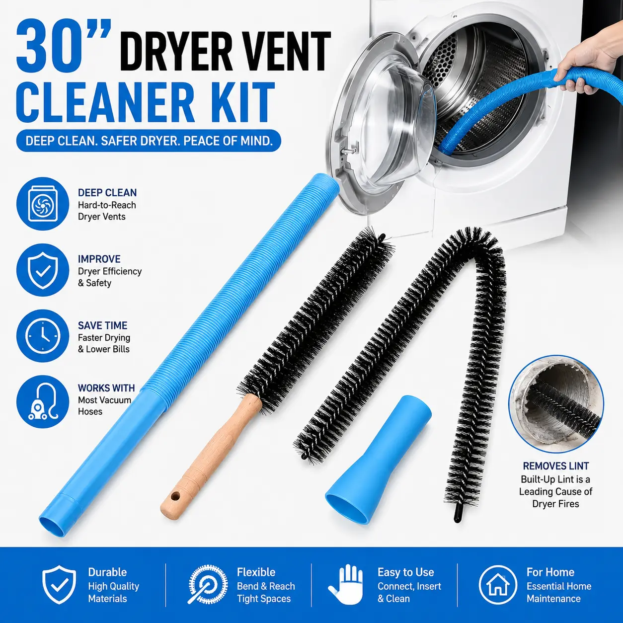 30" Dryer Vent & Lint Cleaner Kit | Vacuum Hose Attachment with Long Reach Brushes
