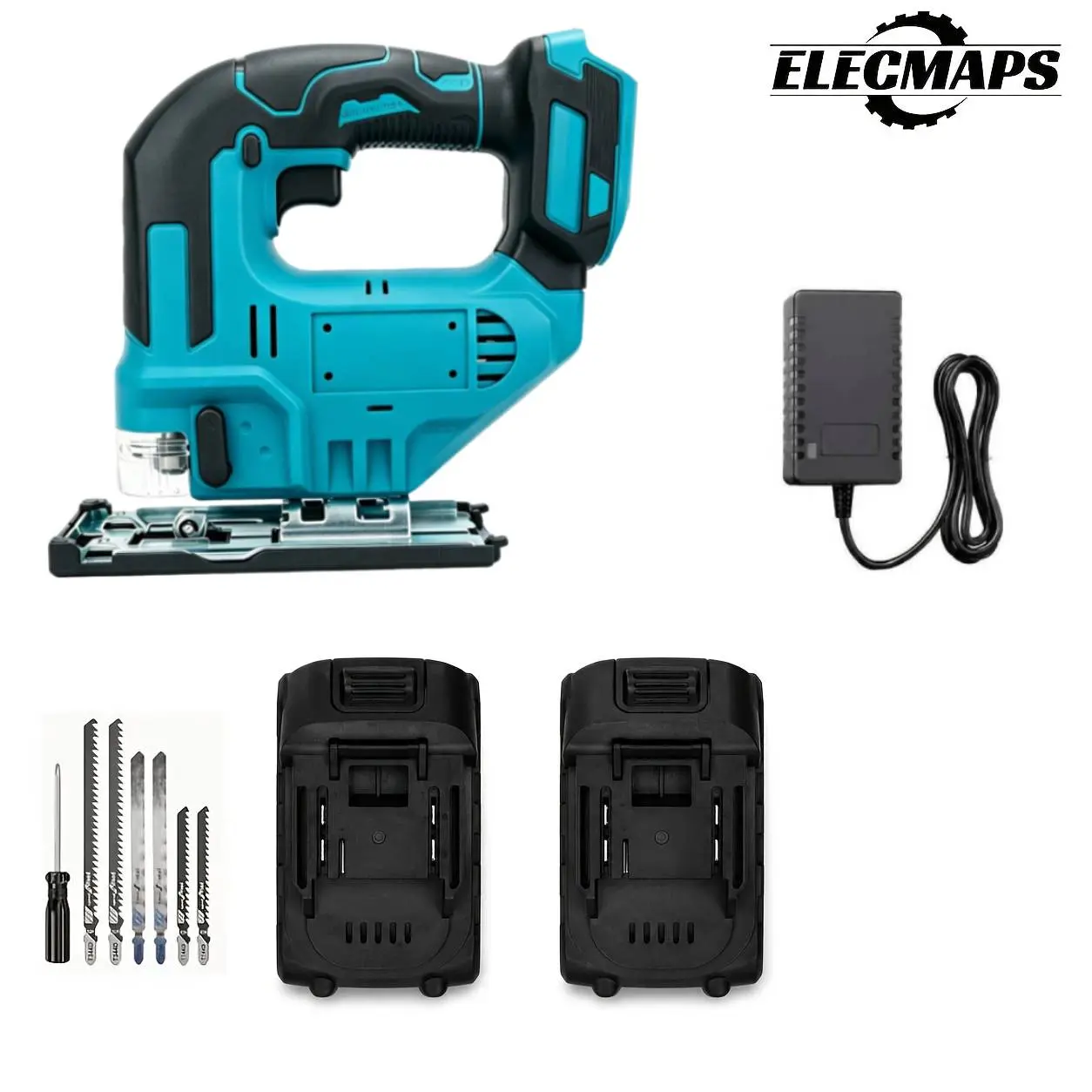 ELECMAPS Cordless Electric Jigsaw with 2 Batteries + Charger (Not Applicable Without Plug), Sturdy Power Tool with 0°-45° Bevel Angle, Multi-Material Cutting for Wood/Metal/Plastic, Supports Straight, Curved & Circular Cuts, Portable Streamlined DIY Tool