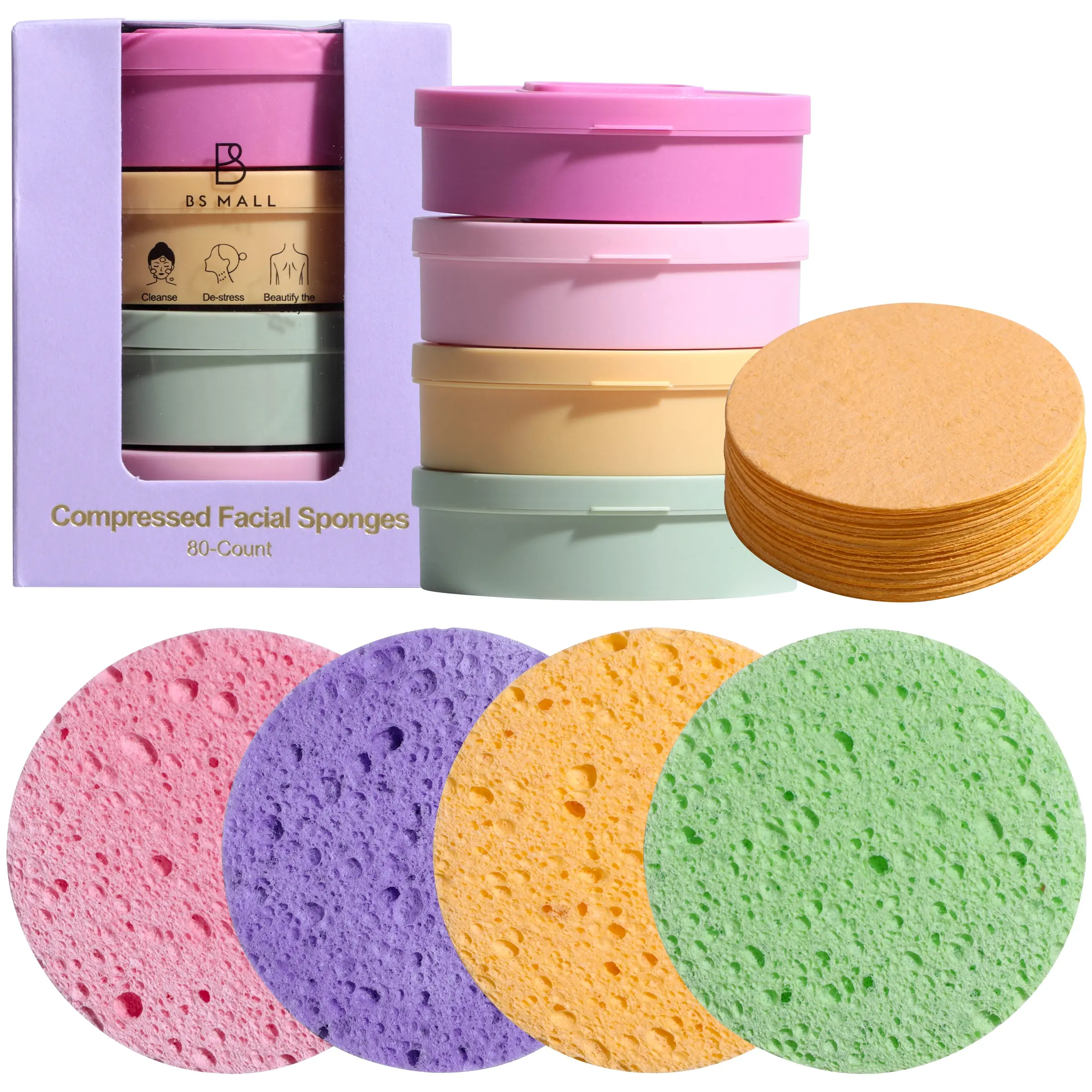 80pcs Facial Compression Cleansing Sponges Set, Daily Face Cleaning and Exfoliating, Face Scrubber, Natural Beauty Spa Sponges, Reusable, Makeup Sponge, Makeup Remover Tool, Multi-Color Mix