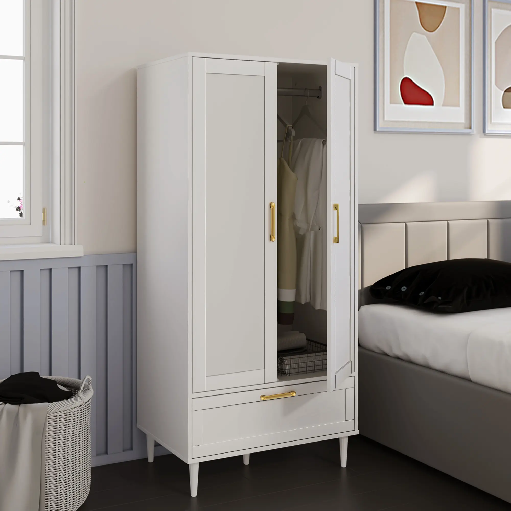High-Quality Rectangular Wood Armoire Wardrobe Organizer - 60" H Freestanding Closet System with 2 Doors, 1 Drawer, Hanging Rods, Gold Handles, Aluminum Build, Anti-Dump Legs for Modern Bedroom Wood Armoire Storage & Antitip Stability