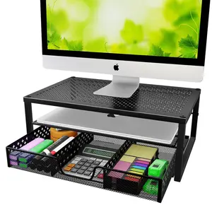 Simple Trending Metal Monitor Stand, Computer Desk Organizer with Drawer for Laptop, Computer, iMac, for Home, Office, Black