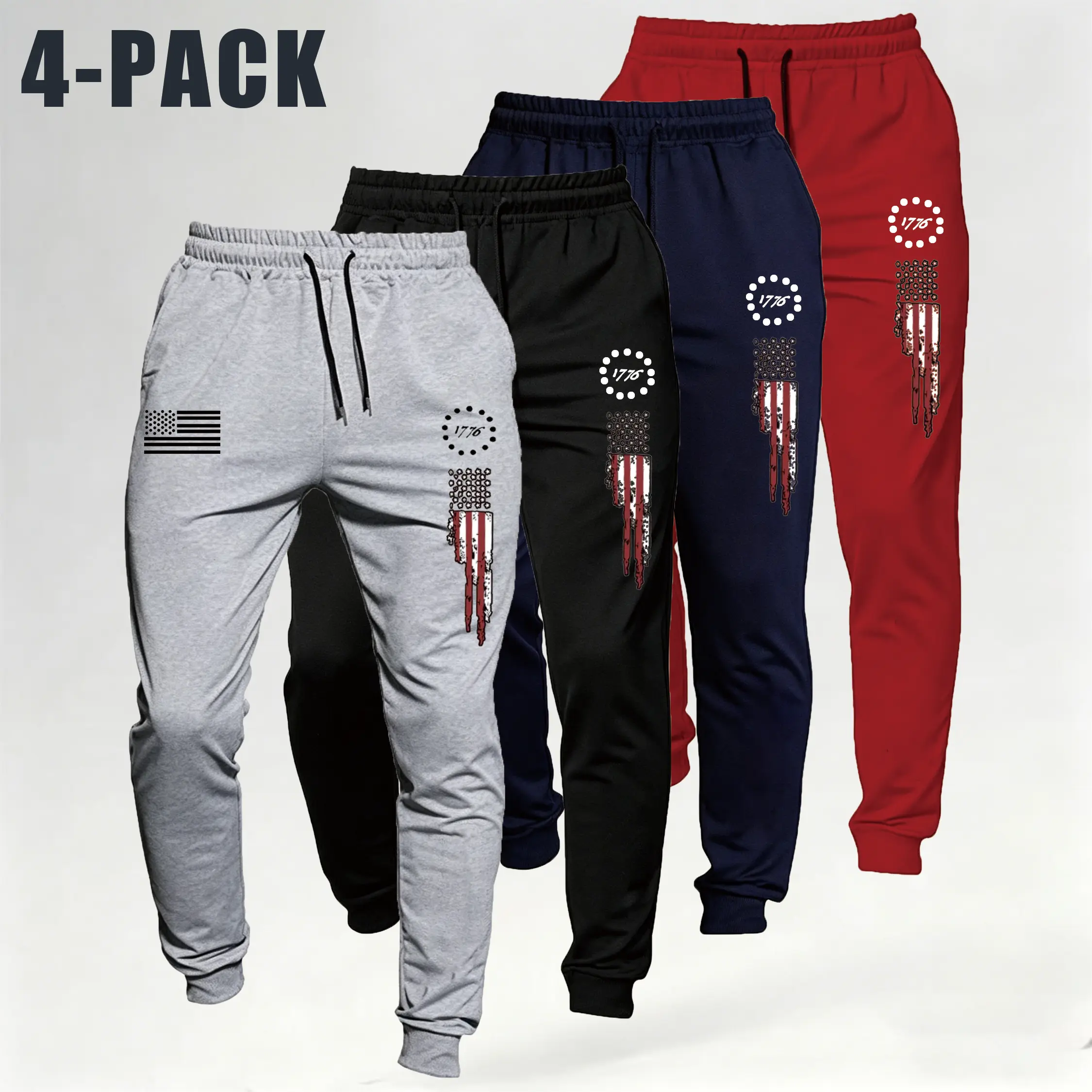 Men’s 1776 American flag print athletic jogger pants, drawstring cuffs, breathable outdoor running pants, casual bottoms