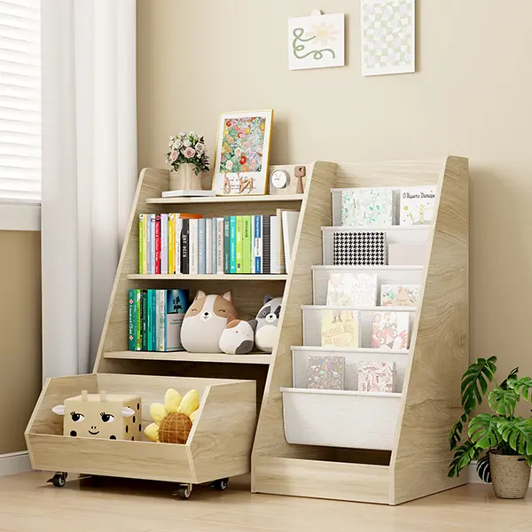 COZPAW Kids Modern Wall Corner Bookshelf, 4-Tier Toddler Bookcase with Movable Drawer & 5 Sling Pockets, Montessori Toy Storage for Kids Room, Nursery (Oak), Modern Corner Bookshelf