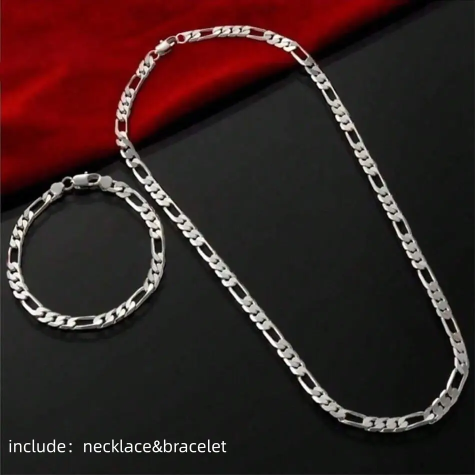 Unisex 925 Sterling Silver Plated 4MM/6MM Chain & Link Jewelry Set - Men's/Women's Bracelet & Necklace, Hypoallergenic, Tarnish-Resistant, Party & Daily Wear, Gifts for Male, Female Adults' Accessories, Men's Jewelry
