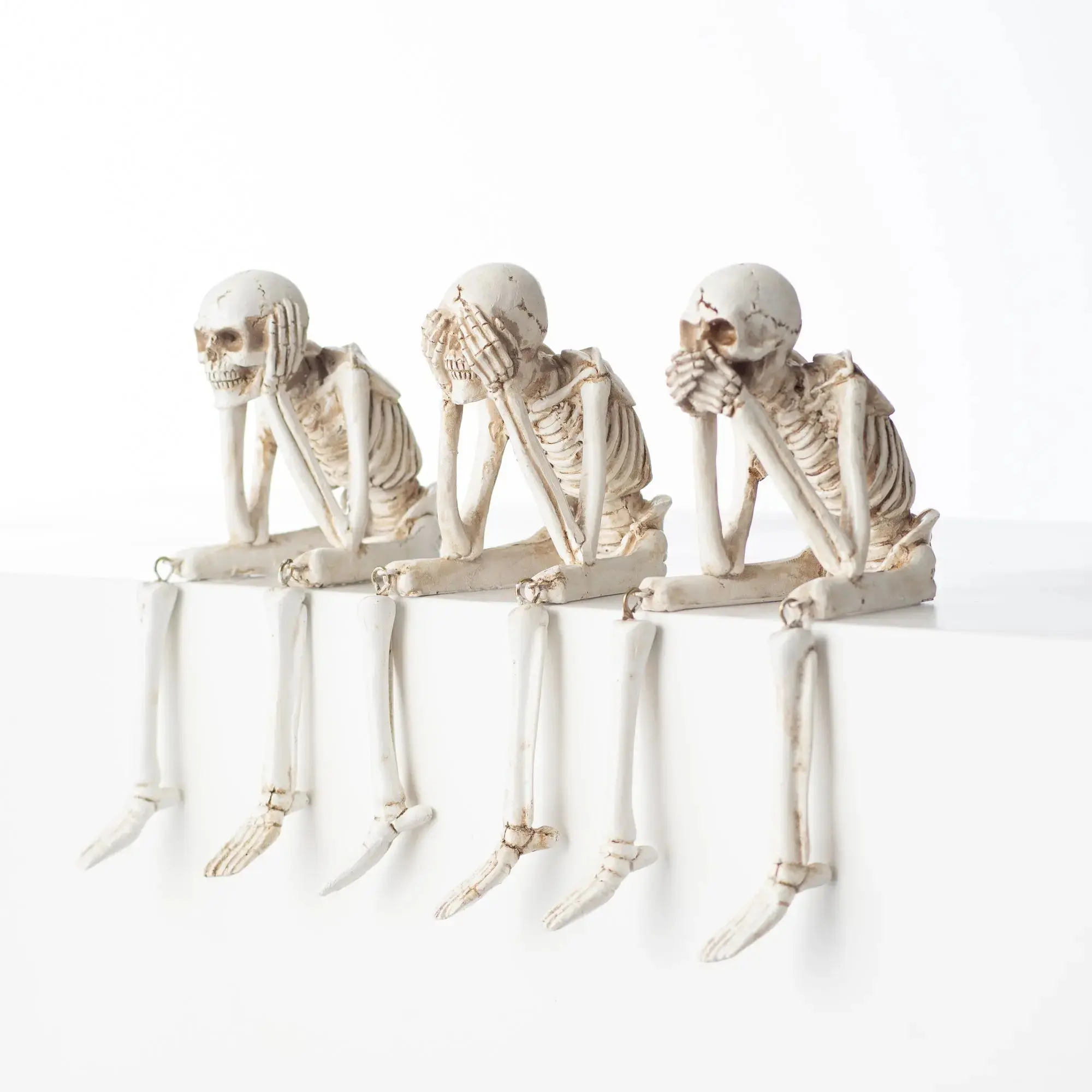3-Piece Imported Jointed Resin Skeleton Figurines Set - See Hear Speak No Evil, Articulated Dark Gothic Fantasy Sculptures, Sit-On-Shelf Halloween Home Decor Mantle Ornaments, Dark Gothic Figurines, Decorative Sculpture Figurines