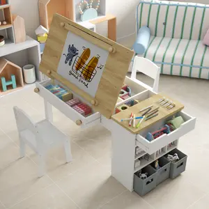 3 in 1 Kids Art Table and 2 Chairs Set,Wooden Craft Desk with 2 Drawers,3 Fabric Drawers,Storage shelf,Paper Roll,Learning and Reading, Toddler Activity Play Desk