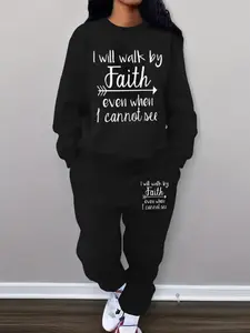 Women's Lounge Tracksuits Set-2pcs Oversized Faith-Inspired Bible Verse Sweatshirt & Jogger Pants Soft Round Neck Casual Athletic Wear Solid Black Christian Outfit with Walk By Faith Print Comfortable Winter Clothing