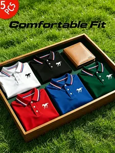 5-Piece Men's Polo Set, Casual Fashion Home Wear, Solid Short Sleeve Horse Print, Contrast Neck, Breathable Daily/golf Shirt, Multiple Colors, Top, Polo Shirts