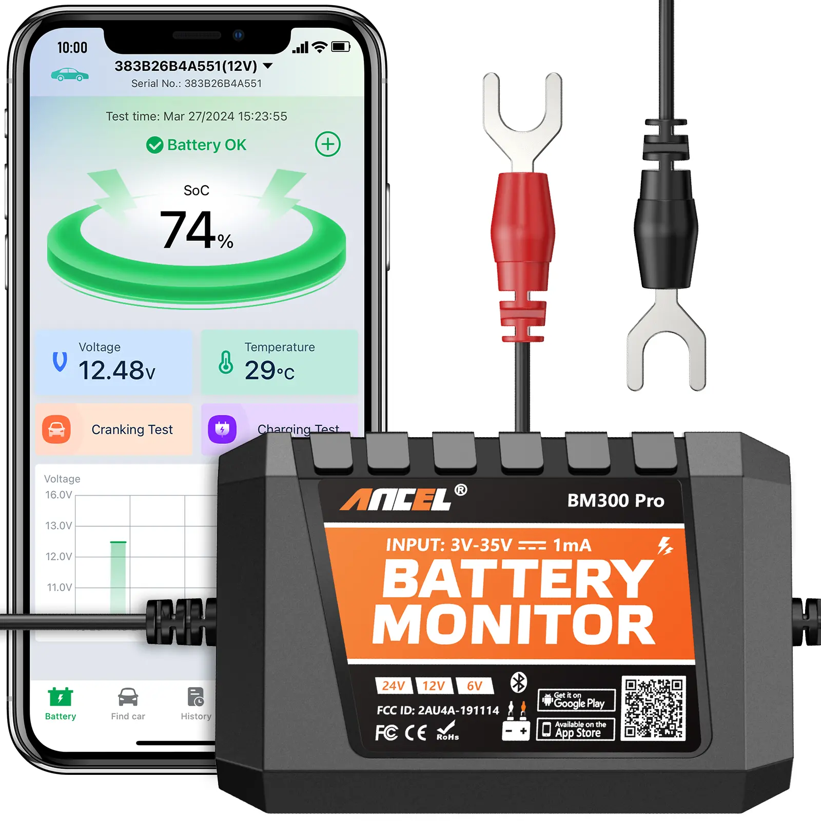 ANCEL BM300 Pro 6V-12V-24V Vehicle Battery Monitor, Bluetooth 5.3 Vehicle Accessories - IP67 Waterproof Voltmeter with Charging Test, Cranking System Test, Alarm for Trucks, Boats